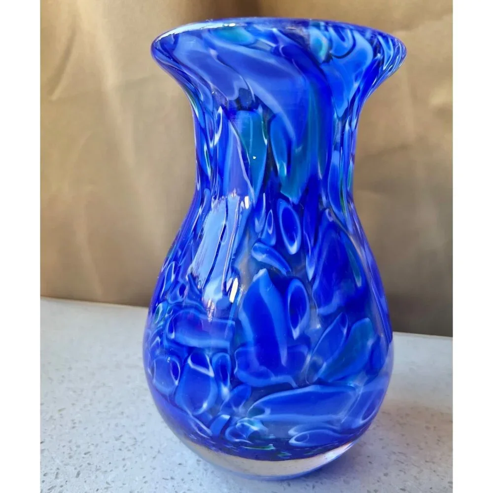 Bohemia Czech Republic Vase Blue & Green Swirl Blown Glass  6” READ Gift Art